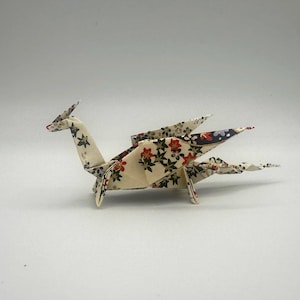 Origami Dragon Made From Premium Washi – Symbol Good Fortune, Power and Prosperity, Standing with Wings Back - White Fan Pattern