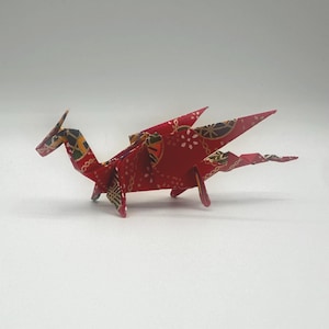 Red Origami Dragon – Symbol of Good Fortune, Strength, Power, and Prosperity, Standing with Wings Back, Premium Washi Paper, Decoration