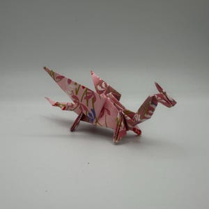 Pink Origami Dragon Made From Premium Washi – Symbol Good Fortune, Power and Prosperity, Standing with Wings Back