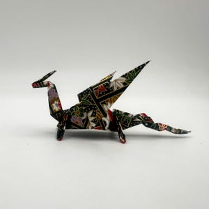 Dark Green Origami Dragon Made From Premium Washi – Symbol Good Fortune, Power and Prosperity, Standing with Wings Back