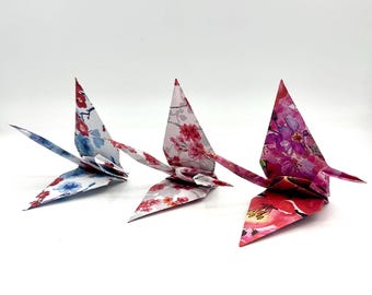 10 Handmade Cherry Blossom Origami Cranes, Symbol of Peace and Good Fortune, Decoration for Weddings, Parties, Place Settings and Home Decor