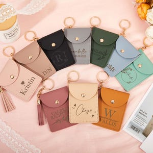Carteira de couro minimalista, porta-cartões fino, porta-cartões personalizado, carteira gravada, bolsa com borla, presente para menina, mini porta-cartões de crédito