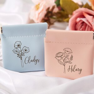 Mini trousse à cosmétiques personnalisée en cuir pour femme, fleur de naissance, porte-monnaie à langer, mini pochette à maquillage, pochette à bijoux de voyage