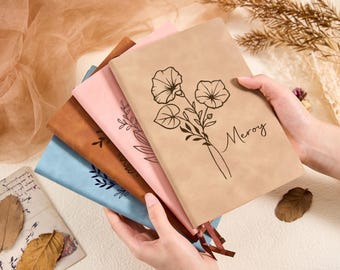 Custom Leather Journal With Name,Engraved Birthflower Journal,Personalized Leather Notebook,Xmas Gift For Her Mom Birth flower Gifts