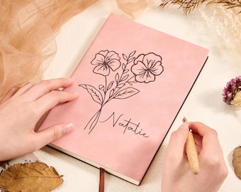 Birth Flower Personalized Leather Journal,Birth Month Flower Notebook,Custom Engraved Journal,Custom Name Journal,Birth Flower Birthday Gift