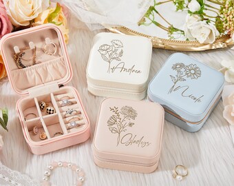Joyero de cuero, regalo personalizado para ella, regalo para dama de honor, regalo de cumpleaños para mujer, estuche para joyería con nombre grabado, accesorios de viaje.