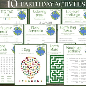 May include: A set of ten printable Earth Day activity sheets featuring games, puzzles, and educational activities. The sheets are decorated with green and blue illustrations of the Earth.