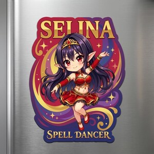 May include: A colorful sticker featuring an anime-style character with long purple hair, red eyes, and a red and gold outfit. The sticker has the name "SELINA" at the top and "SPELL DANCER" at the bottom, with a swirling background.