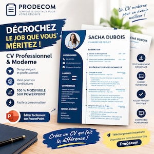 Könnte beinhalten: Eine digitale Lebenslauf-Vorlage von Prodecom mit einem dunkelblauen und weißen Layout, einem runden Profilfoto sowie Abschnitten für Kontaktdaten, Fähigkeiten, Ausbildung und Berufserfahrung, die in PowerPoint bearbeitbar ist.