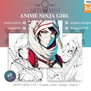 Anime Ninja Girl Coloring Book 48 Page Cute Manga Anime Fantasy Coloring Pages for Children & Adults, Instant Download, Printable PDF