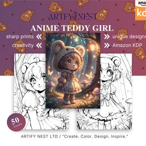 Anime Teddy Girls Coloring Book 50 Page Cute Manga Anime Fantasy Coloring Pages for Children & Adults, Instant Download, Printable PDF