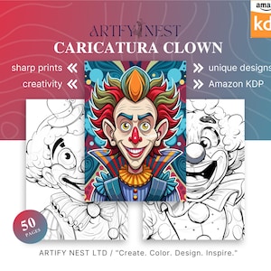 Caricatura Clown Malbuch 50 Seite, niedliche Manga Anime Fantasy Malseiten für Kinder & Erwachsene, sofortiger Download, druckbare PDF-Datei