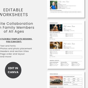 May include: A collection of editable worksheets with a clean, minimalist design. The worksheets are designed to invite collaboration with family members of all ages. The text includes "Editable Worksheets" and "Edit in Canva".