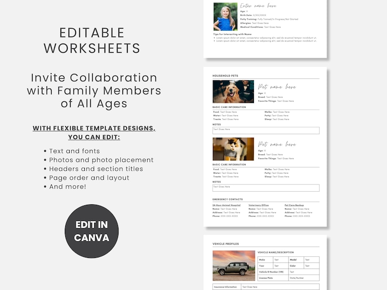May include: A collection of editable worksheets with a clean, minimalist design. The worksheets are designed to invite collaboration with family members of all ages. The text includes "Editable Worksheets" and "Edit in Canva".