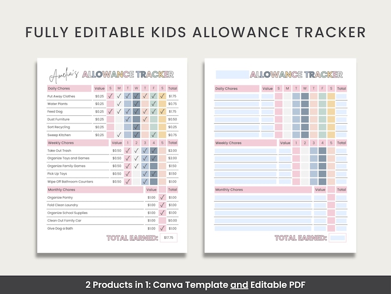 Kids Chore Chart: Editable Allowance Tracker Canva Template (PDF) - Etsy