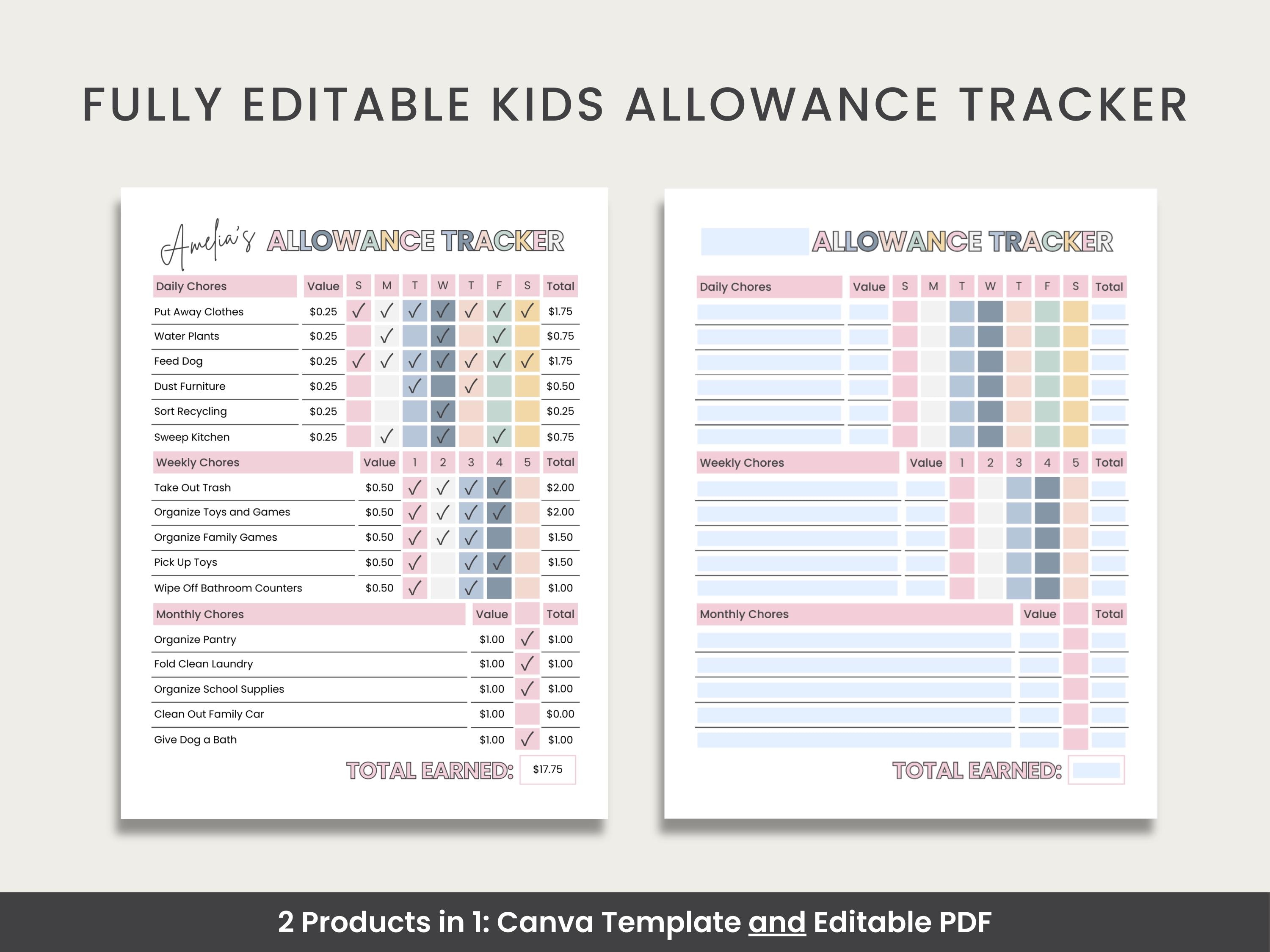 Editable Kids Allowance Tracker Canva Template and Editable PDF Bundle