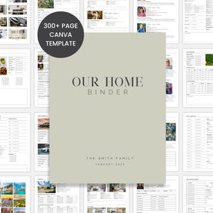 Könnte beinhalten: Eine digitale Canva-Vorlage für einen Home-Binder. Das Cover ist hellgrün mit dem Text "OUR HOME BINDER" und "THE SMITH FAMILY JANUARY 2025". Das Bild enthält auch einen schwarzen Kreis mit dem Text "300+ PAGE CANVA TEMPLATE".