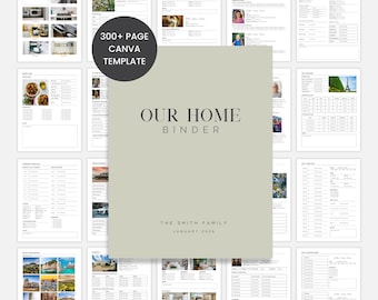 May include: A digital Canva template for a home binder. The cover is a light green color with the text "OUR HOME BINDER" and "THE SMITH FAMILY JANUARY 2025". The image also includes a black circle with the text "300+ PAGE CANVA TEMPLATE".
