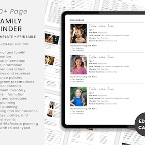 May include: A digital family binder template with 17 fully-editable sections, including personal information, medical details, and children's information. The template is designed for use with Canva and includes a printable option. The image shows a tablet displaying a sample page.