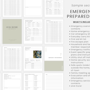 May include: A collection of printable pages for an emergency preparedness binder. The binder cover is a light green color with the text "OUR HOME BINDER". The pages include lists, forms, and checklists for emergency planning.