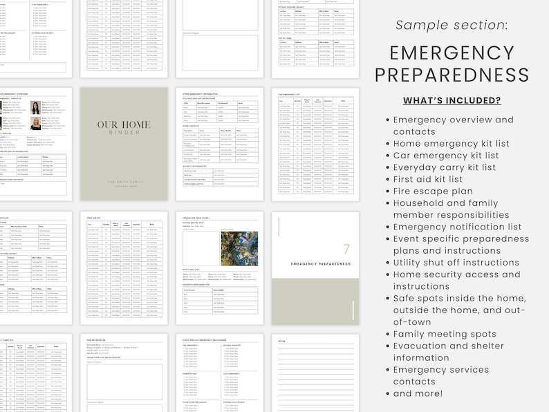 May include: A collection of printable pages for an emergency preparedness binder. The binder cover is a light green color with the text "OUR HOME BINDER". The pages include lists, forms, and checklists for emergency planning.