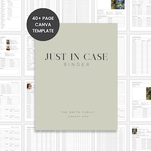 Peut inclure: Un modèle Canva numérique pour un classeur "Just In Case", avec une couverture vert clair. Le titre et le nom de famille sont affichés sur la couverture. Le modèle comprend plus de 40 pages pour organiser les informations.