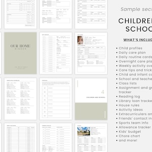 May include: A collection of printable pages for a home binder, including sections for children and school. The cover is a light green color with the text "OUR HOME BINDER". The pages include child profiles, daily care plans, and more.
