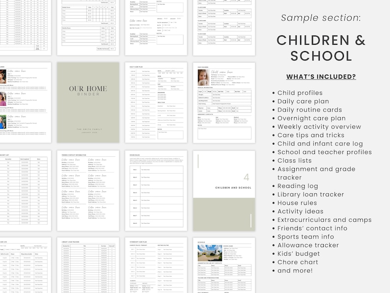 May include: A collection of printable pages for a home binder, including sections for children and school. The cover is a light green color with the text "OUR HOME BINDER". The pages include child profiles, daily care plans, and more.