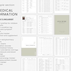May include: A collection of printable medical information sheets, including medical profiles, condition logs, and trackers. The pages are in black and white, with a neutral color scheme. The text "MEDICAL INFORMATION" is displayed prominently.
