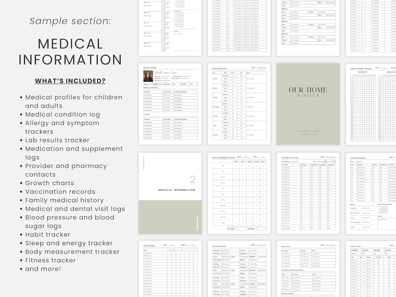May include: A collection of printable medical information sheets, including medical profiles, condition logs, and trackers. The pages are in black and white, with a neutral color scheme. The text "MEDICAL INFORMATION" is displayed prominently.
