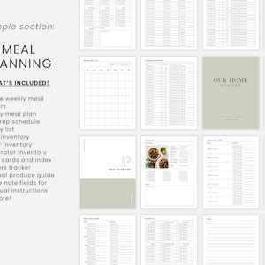 May include: A collection of printable meal planning pages. The pages include weekly and monthly meal planners, grocery lists, inventory trackers, recipe cards, and more. The text "MEAL PLANNING" and "WHAT'S INCLUDED?" are visible.