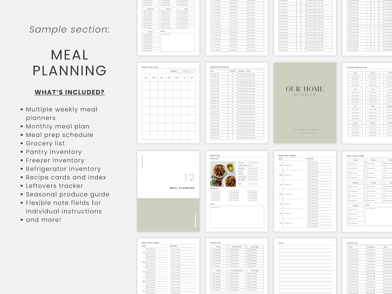 May include: A collection of printable meal planning pages. The pages include weekly and monthly meal planners, grocery lists, inventory trackers, recipe cards, and more. The text "MEAL PLANNING" and "WHAT'S INCLUDED?" are visible.