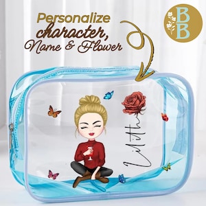Personalized Waterproof Makeup Bag Clear Plastic Customizable Cartoon Girl Birth Flower with Name Birthday Gift for Her Travel Cosmetic Bag