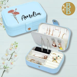 Boîte à bijoux de voyage personnalisée en cuir avec nom et fleur de naissance, plusieurs compartiments étanches, cadeau d'anniversaire de demoiselle d'honneur sur mesure pour femme