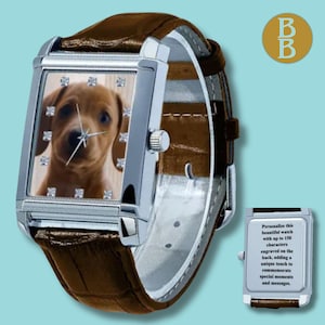 Aangepaste rechthoekige foto herenhorloge gegraveerde gesp en achterkant echt leer gepersonaliseerde verjaardagscadeaus voor hem echtgenoot kerstcadeau
