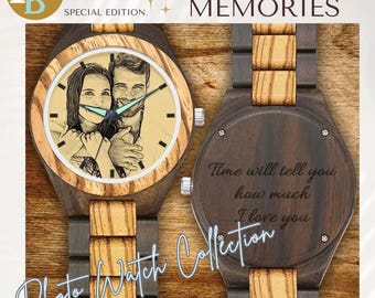 Wooden Watch Personalized Custom Photo Watch Engraved Picture Timepiece with Custom Text Engraving 45mm Wood Strap Sentimental Gift for Him