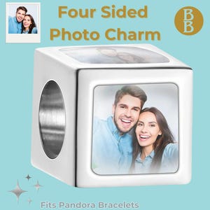 May include: A white, four-sided photo charm with a picture of a couple on each side. The charm is designed to fit Pandora bracelets. The text "Four Sided Photo Charm" is displayed above the charm.