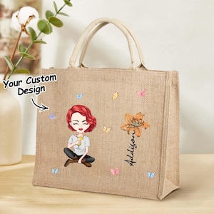 Personalisierte Cartoon Frauen Mädchen Geburt Blume Omas Garten Jute Tasche mit Namen Hochzeit Geburtstagsgeschenk für Sie