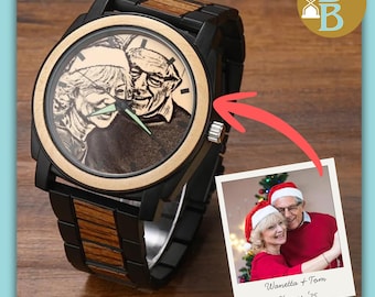 Reloj con foto personalizado y correa de madera de 45 mm con parte trasera grabada. Reloj personalizado para hombre.
