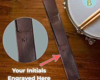 Sac personnalisé pour baguettes en cuir, cadeau personnalisé pour batteur, étui porte-pilons gravé, cadeau personnalisé pour musicien