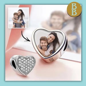 Custom Heart Photo Charm Personalized Picture Bead and Pave CZ Fits Pandora Bracelet Gift for Mom Girlfriend Grandmother Daughter Customized