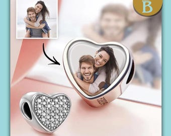 Custom Heart Photo Charm Personalized Picture Bead and Pave CZ Fits Pandora Bracelet Gift for Mom Girlfriend Grandmother Daughter Customized