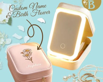 Personalized Birth Flower Jewelry Box with LED Mirror PU Leather Organizer Custom Name Gift for Women Birthday Bridesmaid Gift