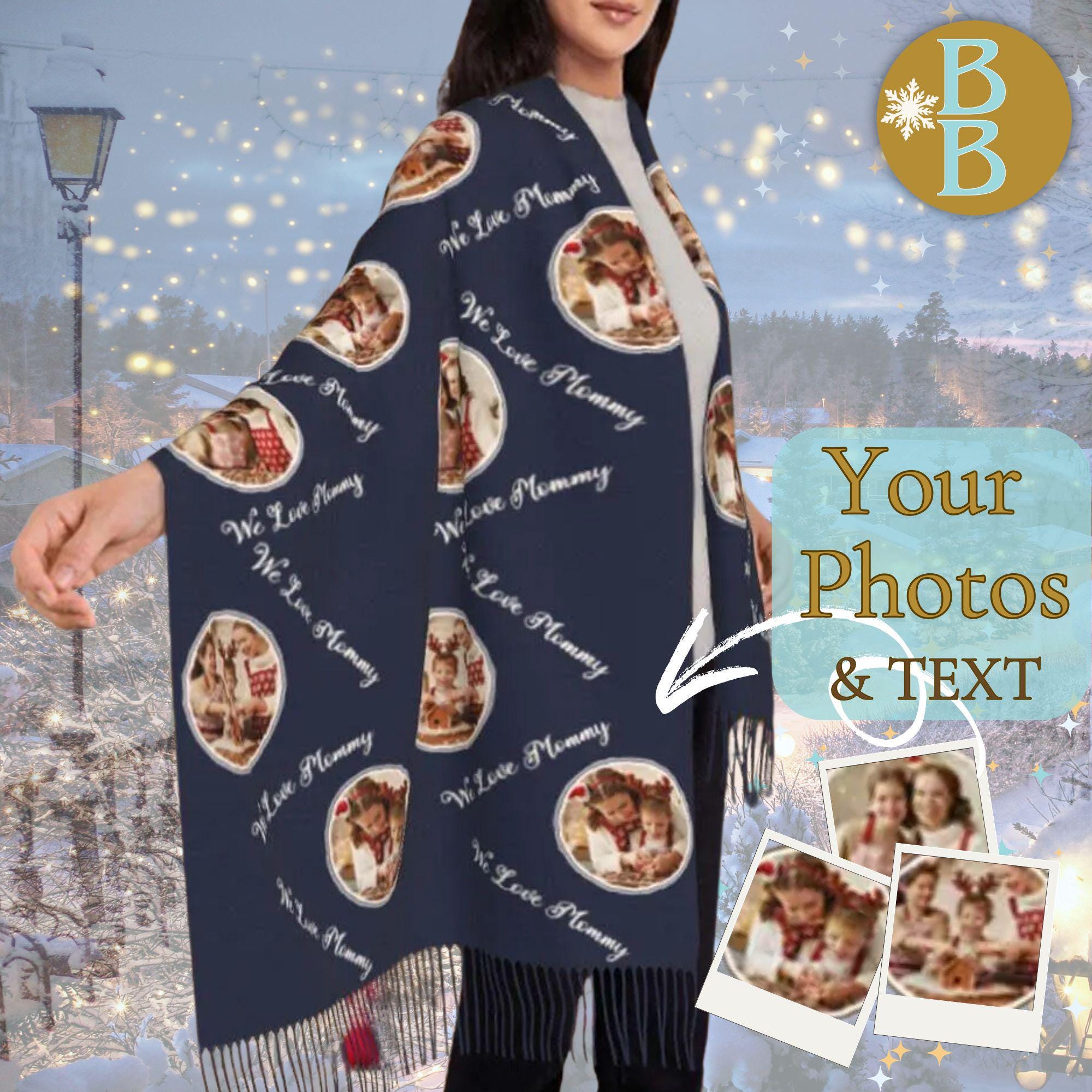 Personalized Scarf Custom Face Photo Soft Cashmere Feel Unisex Scarves 4 Colors Gift for Mom Dad Christmas Women's Men's Scarves Pashmina