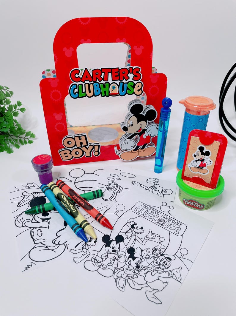 May include: A red gift bag with "CARTER'S CLUBHOUSE" text and a Mickey Mouse cutout. Includes coloring pages, crayons, Play-Doh, and bubbles. The coloring pages feature Mickey Mouse and friends. A fun party favor set.