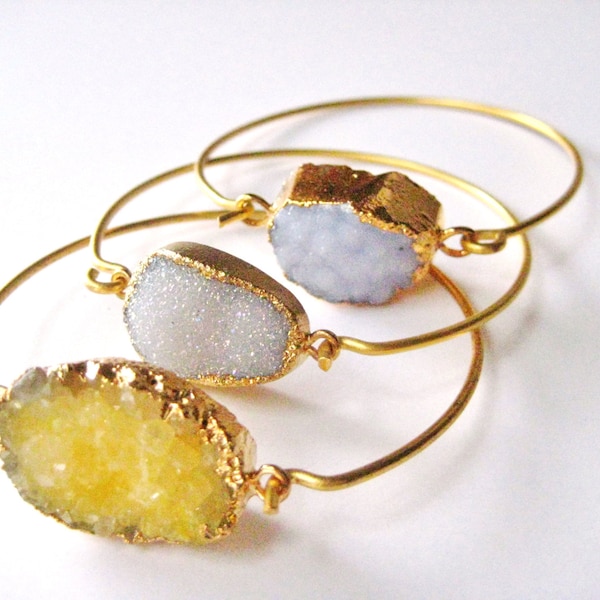 22K Gold plated bangle with pale yellow druzy,lavendar druzy, silver druzy,gemstone,stackable, bracelet,bridesmaid