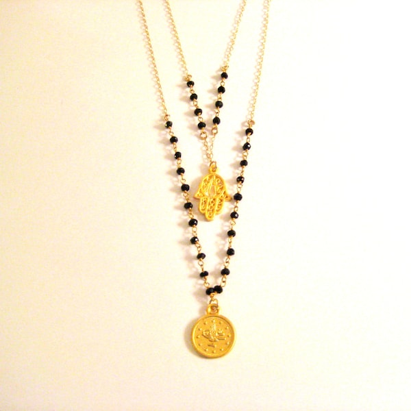 Black Spinal rosary 24K gold plated over sterling silver chain necklace with 22K gold plated coin, layered, gift,boho, good luck