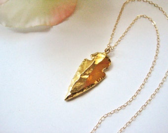 Long 24K gold plate arrowhead pendant with gold filled chain, layered, symbol, boho