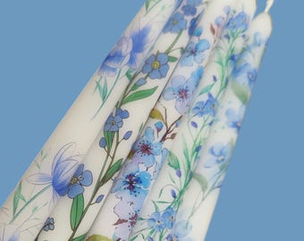 Juego de velas cónicas con flores azules / Candelabros azules / Velas florales azules