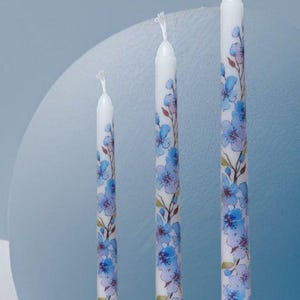 Elegant Blue Flower Taper Candle Set/  Tall Candles for Wedding Decor, Spring Centerpieces & Gift for Her/  Blue Botanical Design
